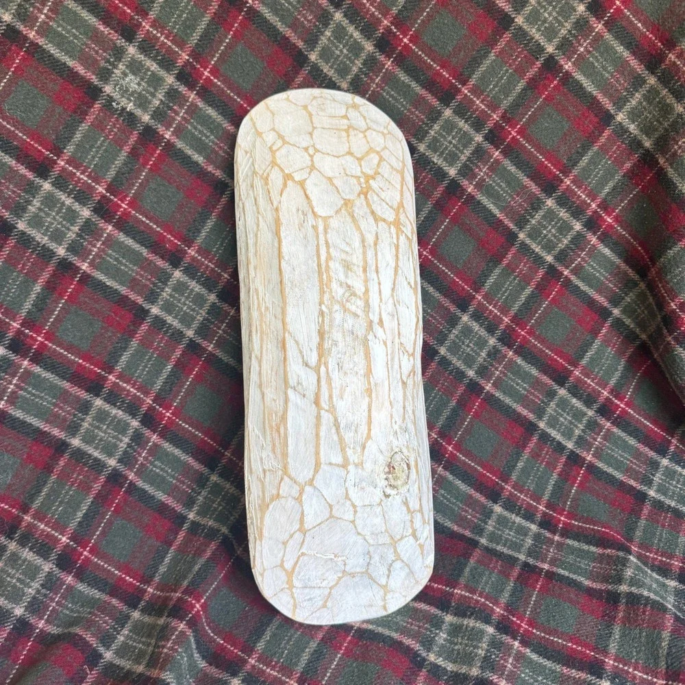 Hand Carved White Distressed Wood Dough Bowl Baguette Tray Primitive Centerpiece